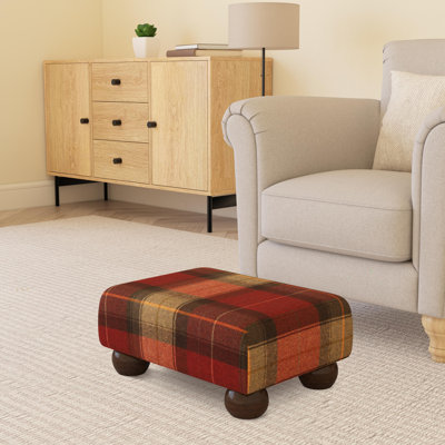 Tartan Material Large Footstools Tartan - Claret Red - Wood Bun Feet