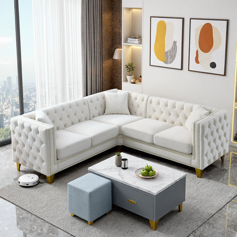 Canapé modulaire en coin en L en velours noir de 82 pouces avec canapé clouté 5 places Chesterfield, Beige