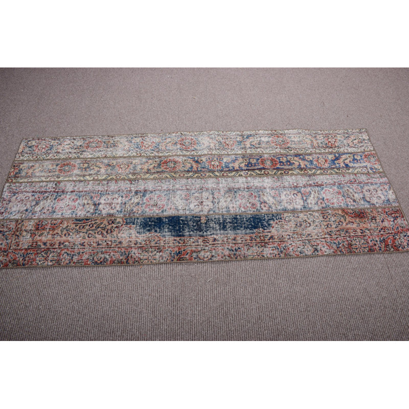 Handwoven Vintage Turkish Oushak Rug: Blue Wool Runner with Patchwork Design for Kitchen