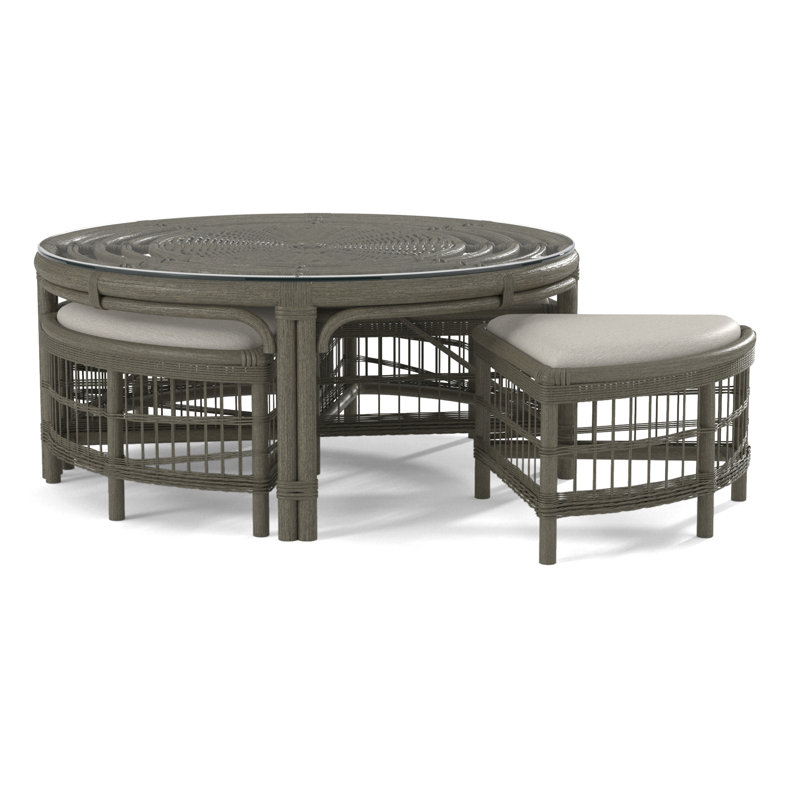 Raffles Rattan Cocktail Table with Benches, Greystone, Blue Buffalo Check; 0120-61