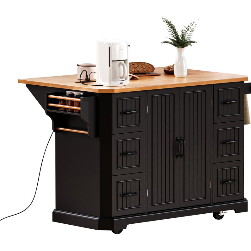 Black Kitchen Storage Island With Drop Leaf & 4 Door Shelves 56" Cart Charging Station Shelves,, Black