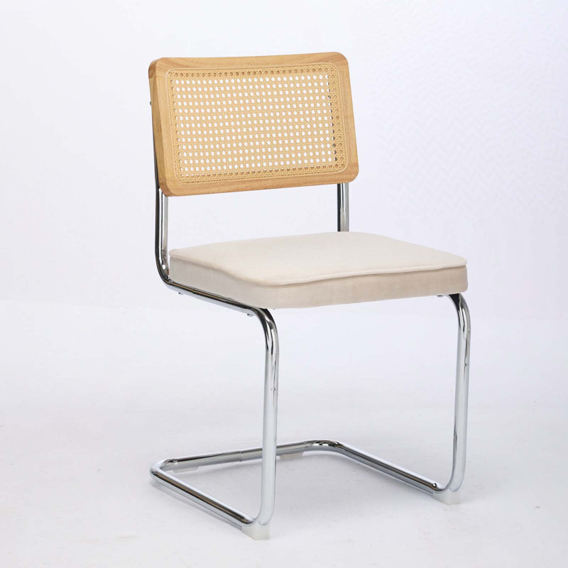 Velvet and Teddy Fabric Upholstered Side Chair with Cane Rattan Back, Beige Velvet, Silver