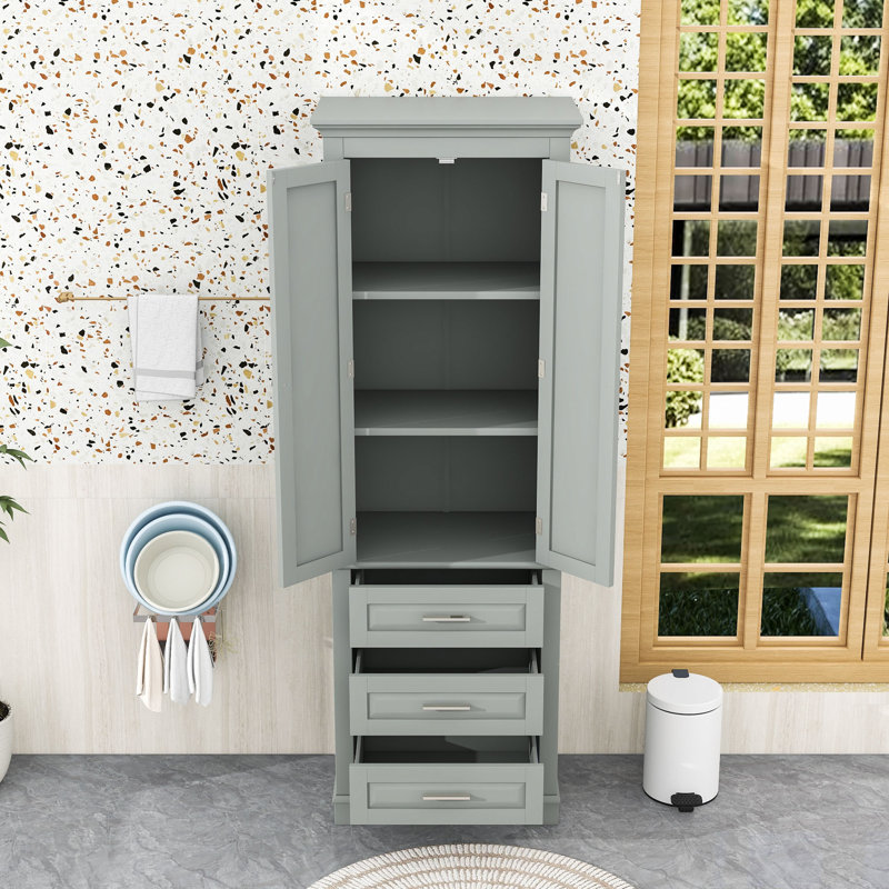 Grande armoire de rangement avec 3 tiroirs et tablettes réglables pour la salle de bain ou la cuisine, Gris