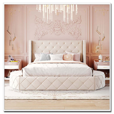 Grand lit plateforme avec rangement en velours avec tête de lit à oreilles et 1 grand tiroir, 2 tabourets de rangement latéraux
