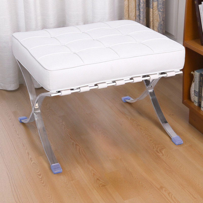 Repose-pieds en cuir capitonné Classic avec structure en acier inoxydable, Cuir assorti blanc