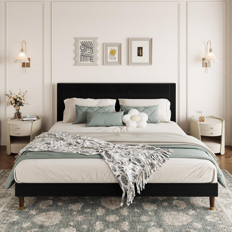 Base de lit plateforme avec tête de lit, cadre de lit rembourré en velours côtelé avec support en lattes de bois, aucun sommier nécessaire