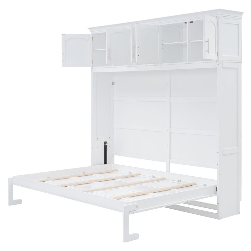 Lit escamotable double pleine grandeur avec armoires supérieures, blanc