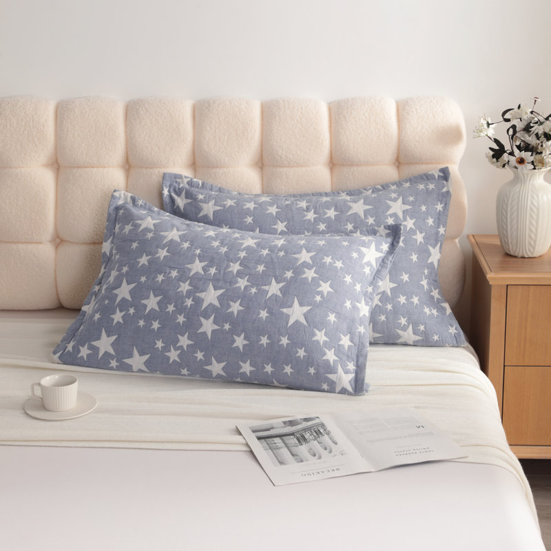 Ensemble de 2 taies décoratives matelassées en coton 3 couches avec fermeture à enveloppe , Grand lit, Étoiles bleues