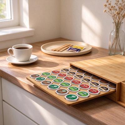 Tiroir de rangement en bambou K-Cup pour les cafetières Keurig, rangement sous la machine avec fentes pour thé et cuillère, support de station de café compact