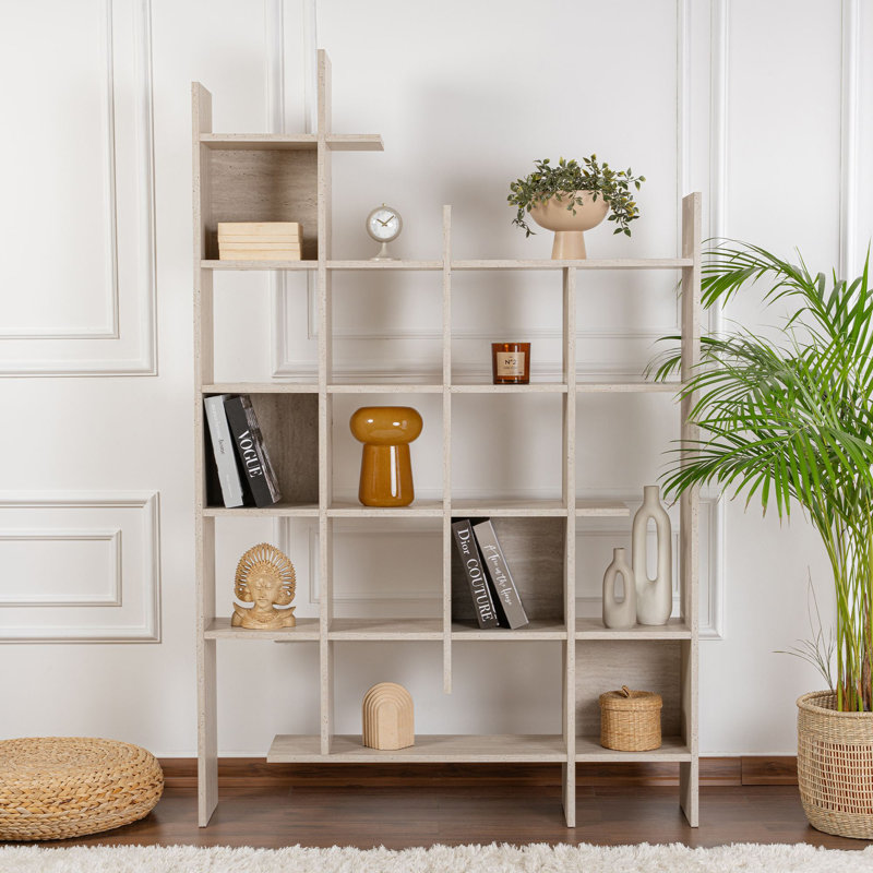 Modern Bookshelf, Travertine Color, 48.0 x 74.0 x 10.0 inches | 100% Melamine Coated Particle Board, Thickness: 0.7 inches | 80 lbs Bearing Capacity, Wall-Mountable, Numerous Shelves for Stylish Storage & Display