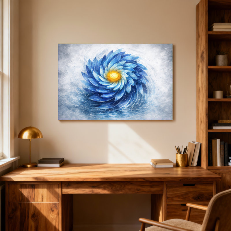 Plantes et fleurs, fleur en spirale bleue avec centre doré, H 12 po x l 18 po