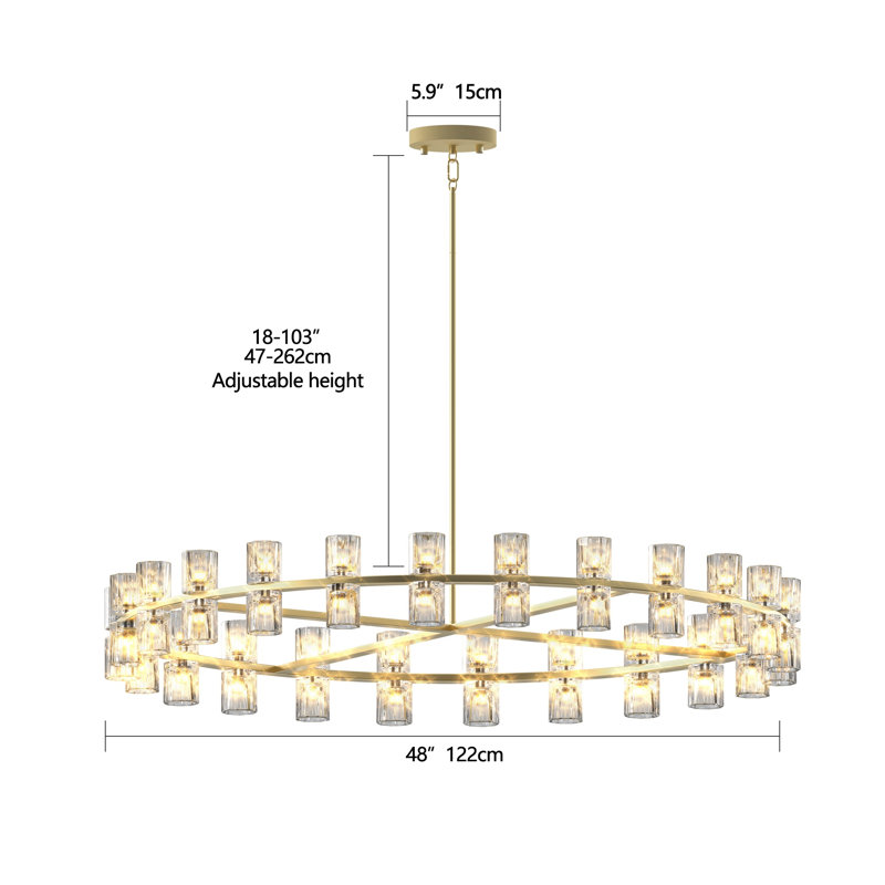 Lustre de roue de chariot en or 48 pouces avec abat-jour en cristal - Luminaire de salle à manger de style campagne moderne