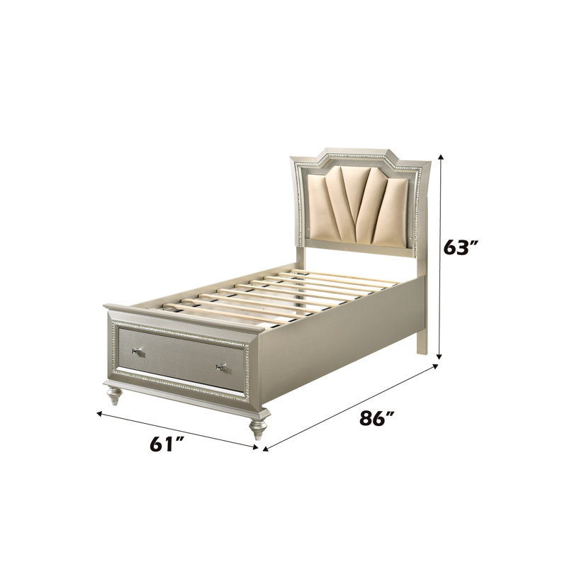 Lit double élégant avec tiroirs - Champagne, cuir synthétique et rangement spacieux à DEL