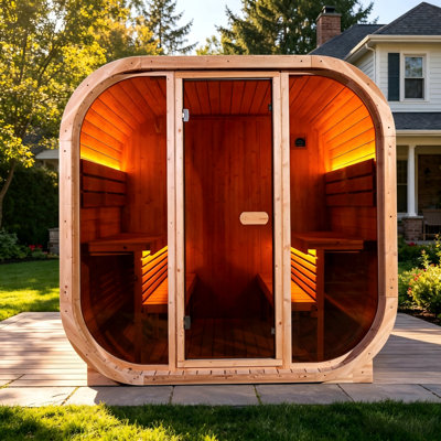 4 Person Outdoor Square Barrel Sauna with 6KW Heater, Carbonized Spruce Wood Frame, Tempered Tinted Glass Door