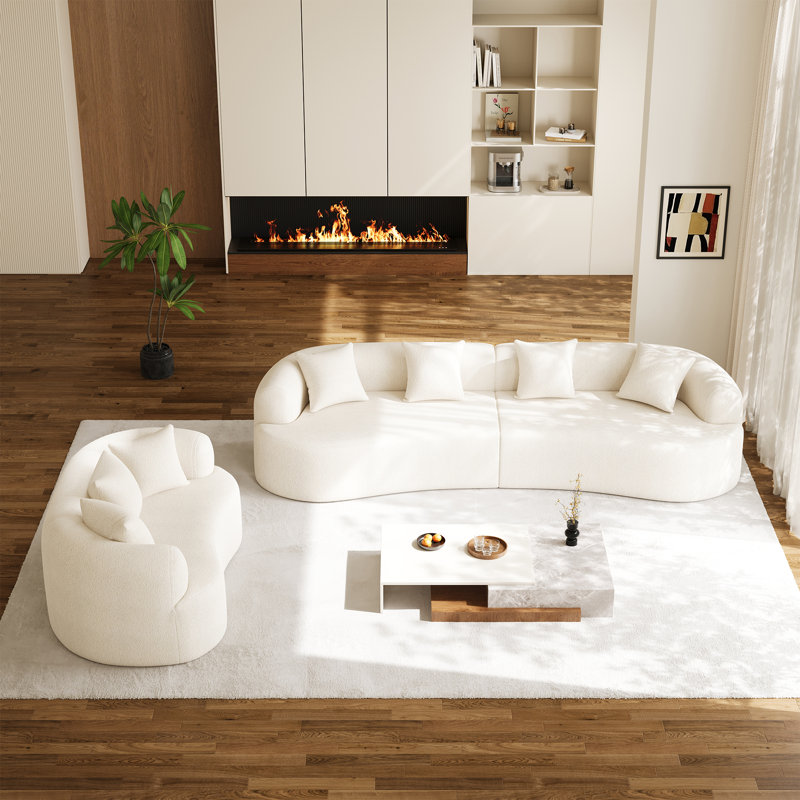 Canapé incurvé moderne pour salon en chenille, Blanc beige
