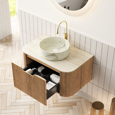 30" Bathroom Vanity With High - Quality Ceramic Basin And Sintered Stone Top, 3D Natural Wood Grain Striped Cabinet, Soft Close Drawer Slides Featuring French Style Panels, Wall Mounted Design, Easy