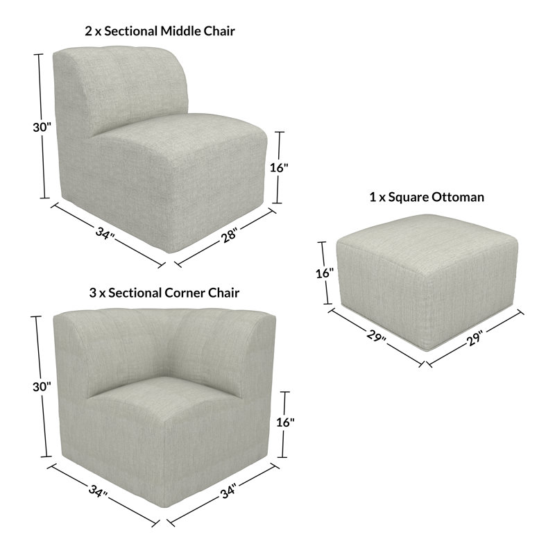 Canapé modulaire rembourré en L avec repose-pieds et coussins Sunbrella 6 pièces Praia, Toile granit Sunbrella®