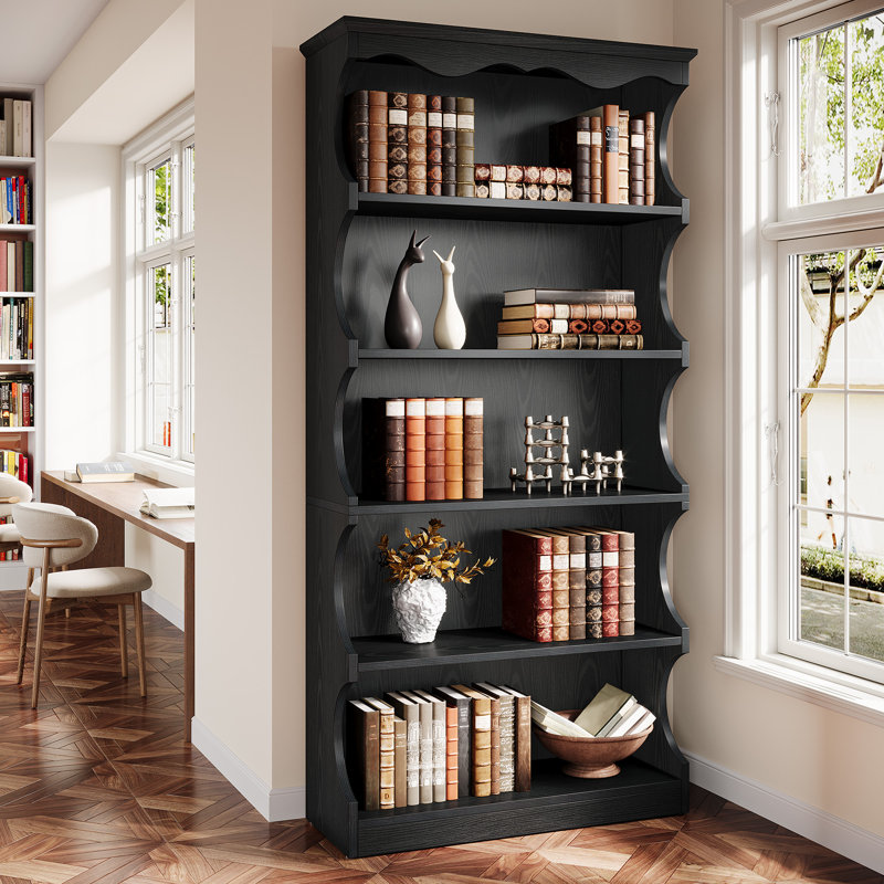 70" Tall 5-tier Bookcase With Curved Edges, Black, Black