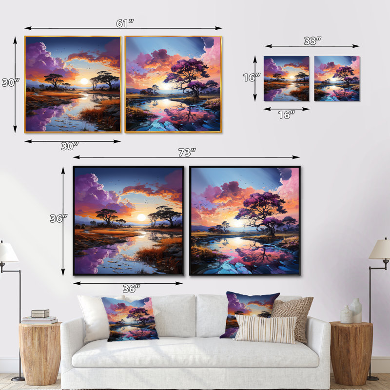 Ensemble de 2 charmants desserts au coucher du soleil, Cadre flottant blanc, H 36 po x l 73 po