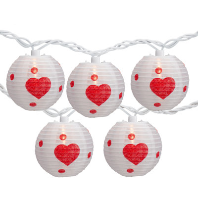 10-Count White and Red Heart Paper Lantern Valentine's Day Lights 8.5ft White Wire