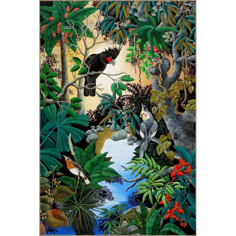 Tapis tissé à motif oiseau et forêt, Tapis de couloir 3 pi 3 po x 9 pi 10 po