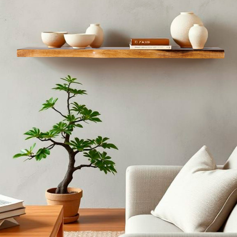 Pieced acacia wood shelf with live edge, 1.4" H x 36" W x 8" D