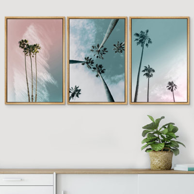 " Green Tropical Tall Palm Trees Summer Beachy Home Artwork Decor Living Room Bedroom " 3 - Pieces on Canvas