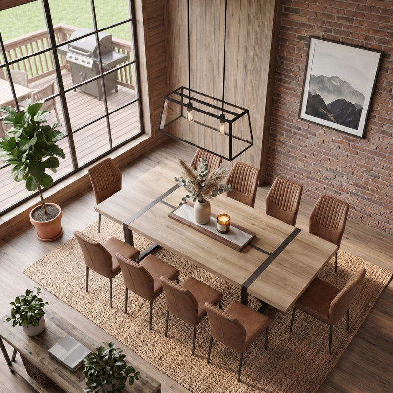 Ensemble de salle à manger 87 po Farmhouse, 11 Pieces: Table, 10 Chairs, Wood, Brown