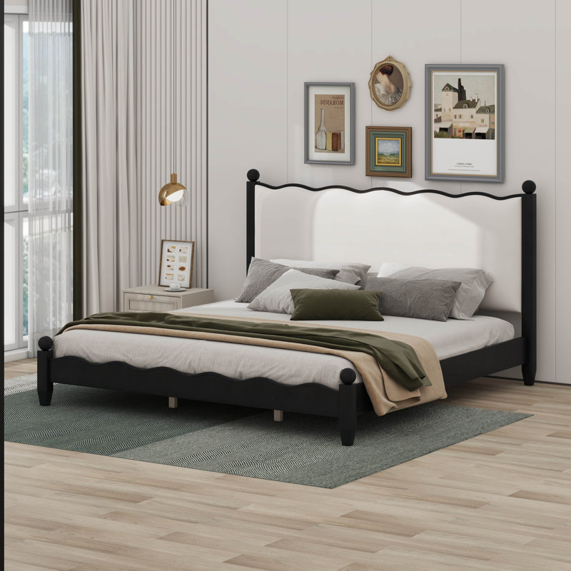Wood Platform Bed With Upholstered Headboard, Black/Beige, King