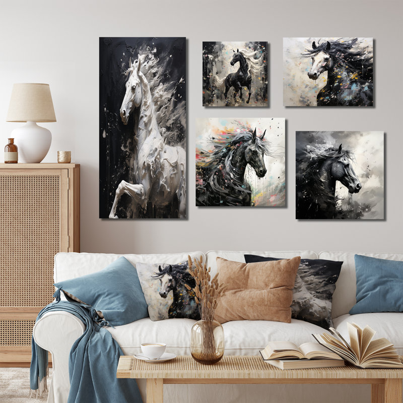 Minimalisme, cheval au galop noir et blanc - ensemble de 5 reproductions d'art sur toile, Toile tendue