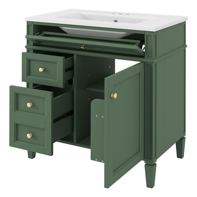 Meuble-lavabo simple 30 po avec lavabo supérieur, Vert, Doré