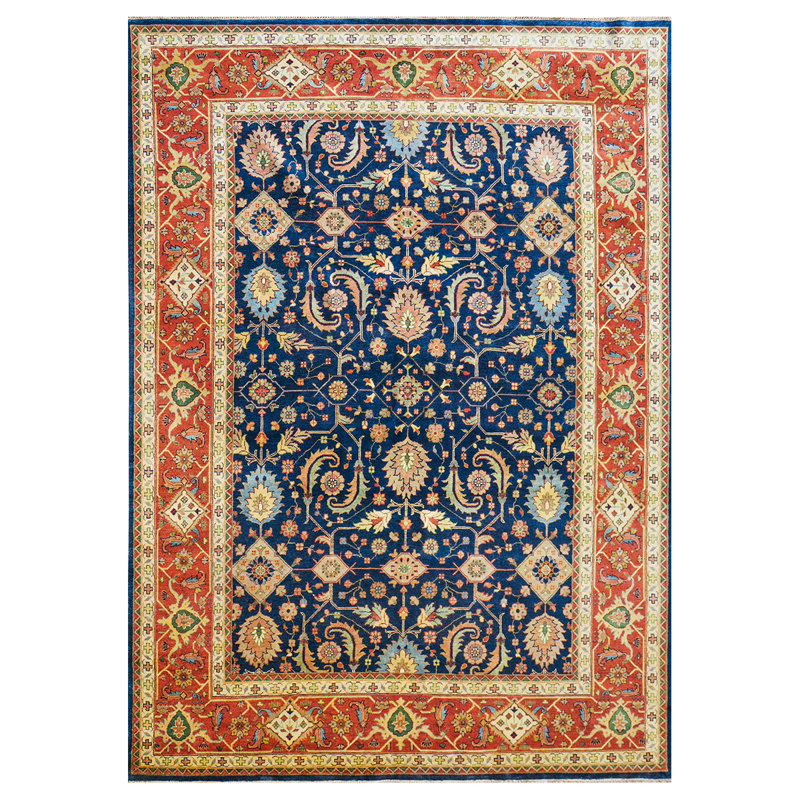 Tapis rouille / beige / bleu tissé à la main de haute qualité, Rectangle 9 pi x 12 pi