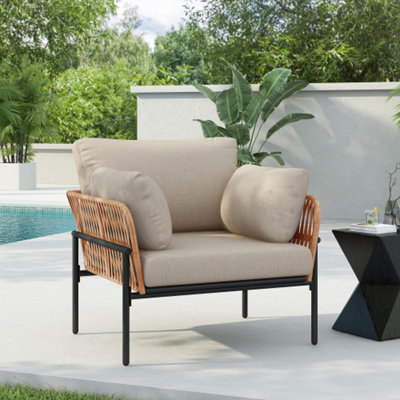 Méridienne de 36 po en fer et corde de ton beige avec coussins, parfaite pour les espaces naturels et modernes