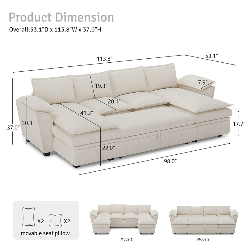 Chenille U-Shaped 4-Seat Storage Sofa King Pull Out Bed Sleeper Livingroom Modular Sectional Sofa Apartment Couch