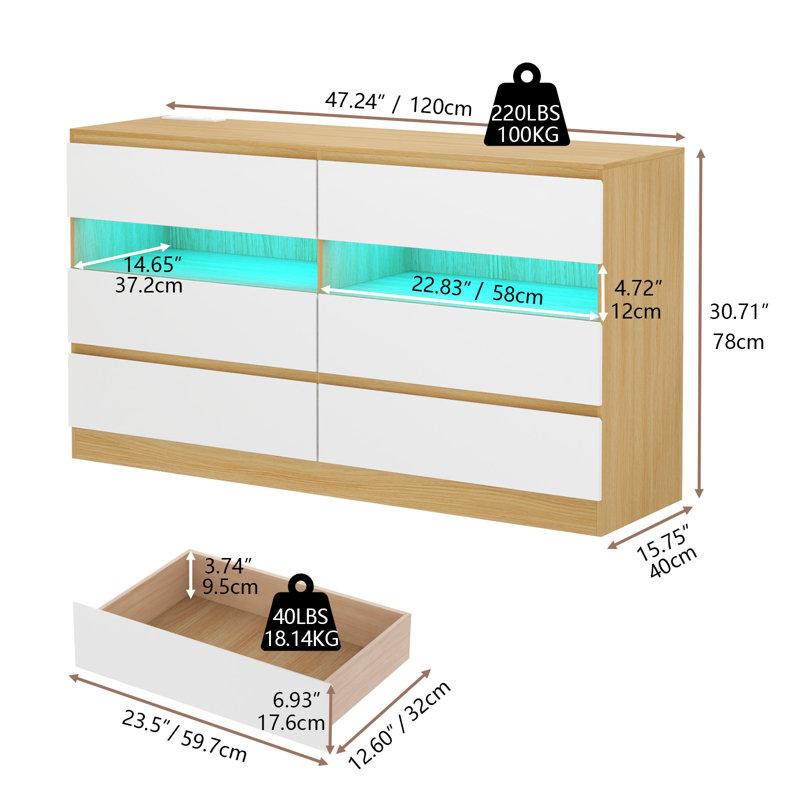 Commode 6 tiroirs avec prise de courant, commode moderne avec lumières DEL et rangement ouvert, commode pour chambre à coucher