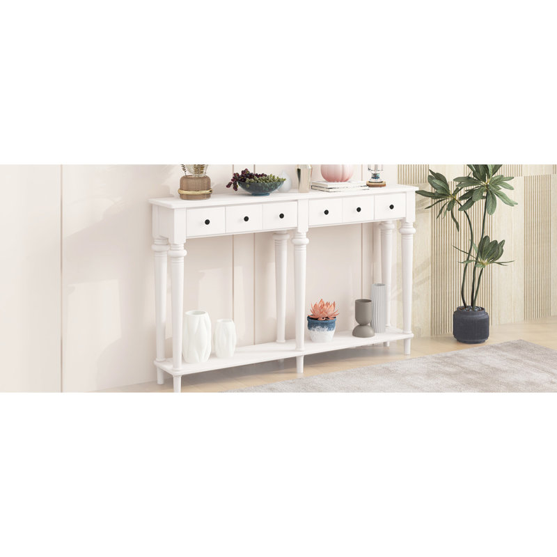 Console blanche By. 4 tiroirs et tablette ouverte. Finition pin rustique. Pin. Idéal pour les entrées, les salons et les couloirs. Assemblage rapide blanc. Style à 4 tablettes. Look rétro avec placage.