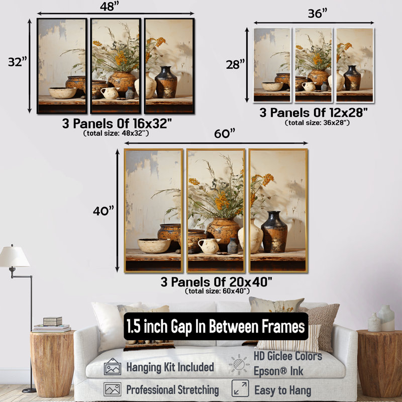 Art floral brun, poterie rétro, art mural Boho, H 32 po x l 48 po x P 1 po, Cadre argenté flottant