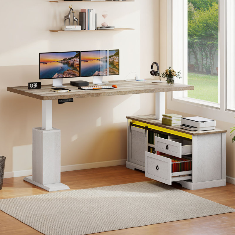  Bureau debout électrique en L 63 po avec prises de courant et lumières DEL Farmhouse