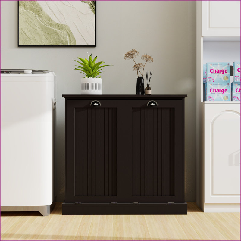Armoire de tri du linge, deux compartiments inclinables avec sacs amovibles, panneau de fibres à densité moyenne noir E1 | Moderne | Salle de lavage