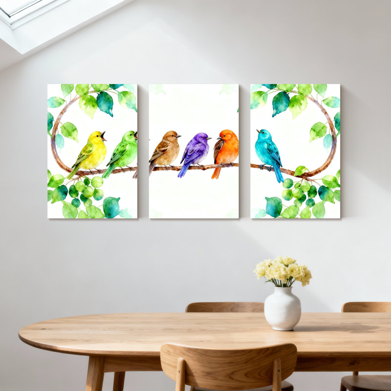 Oiseaux colorés sur une branche avec des feuilles, ensemble de 3 impressions d'art sur toile, H 24 po x l 48 po