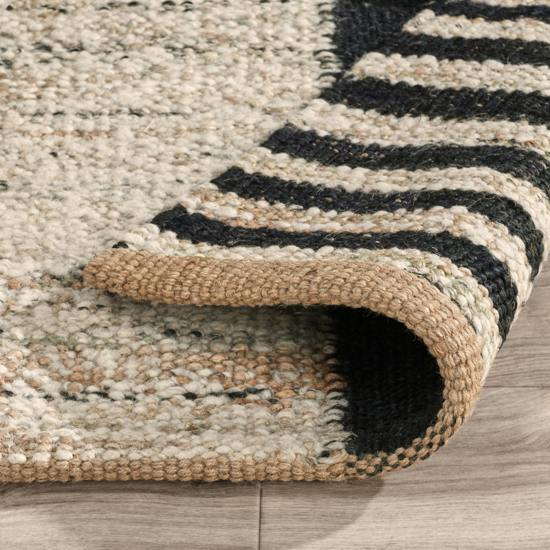 Handmade Black and Natural Wool Striped 8' x 10' Rug