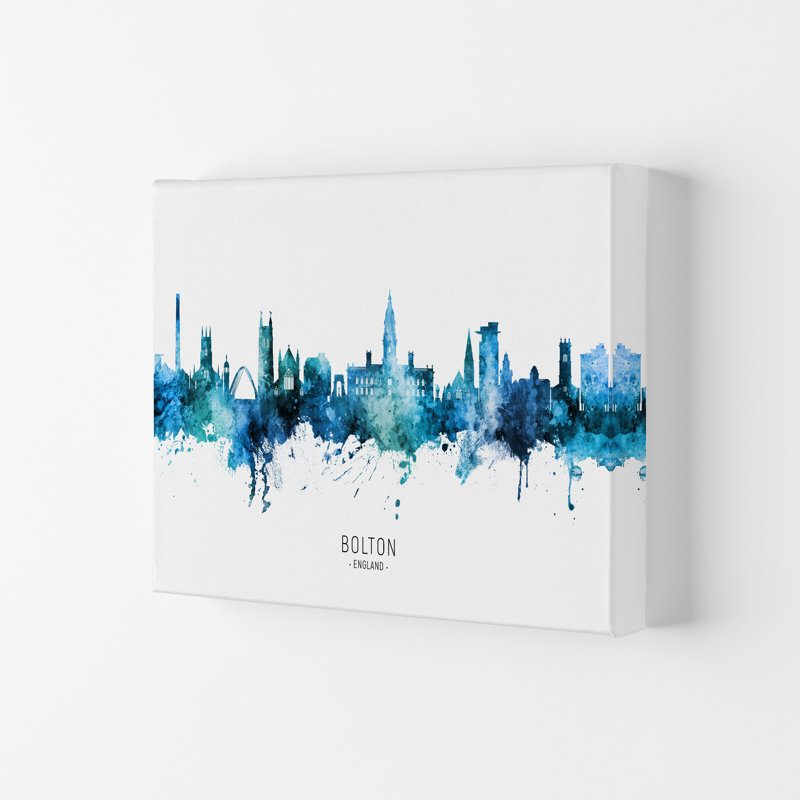 Bolton England Skyline Blue City Name by Michael Tompsett - Print, 29.7cm H x 42cm W x 4cm D, Wrapped Canvas