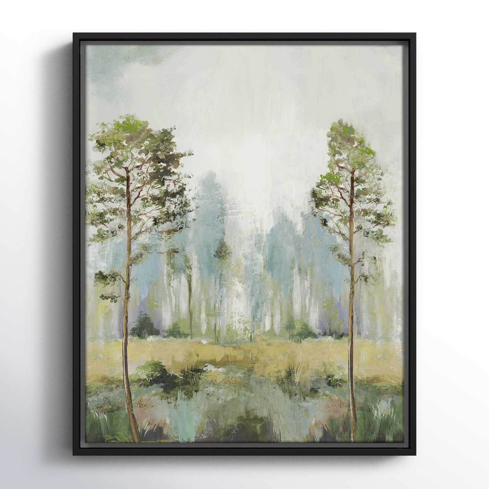 Tall Green Trees II by Teton Pearce - Floater Frame Print on Canvas, 21.5" H x 17.5" W, Black