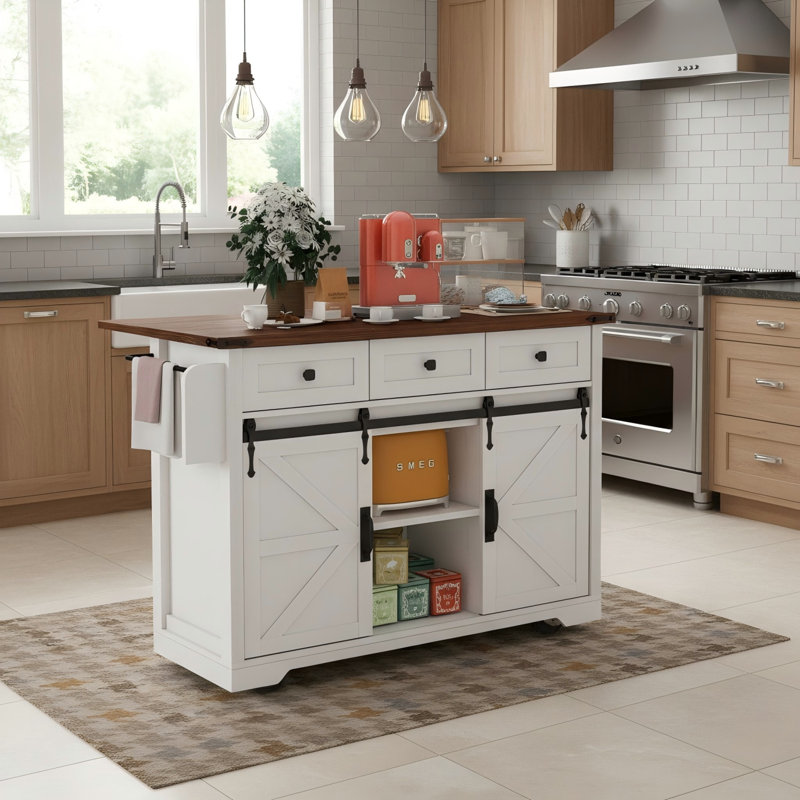 53.7-Inch Farmhouse Island Table With Power Outlet, Foldable Tabletop + Spice Rack, White Portable Model.