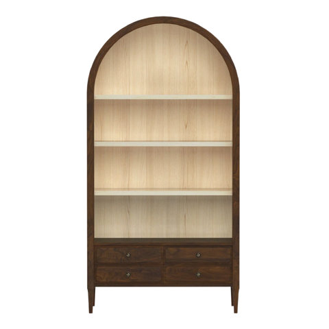 Arched wood bookcase with four shelves and four drawers.