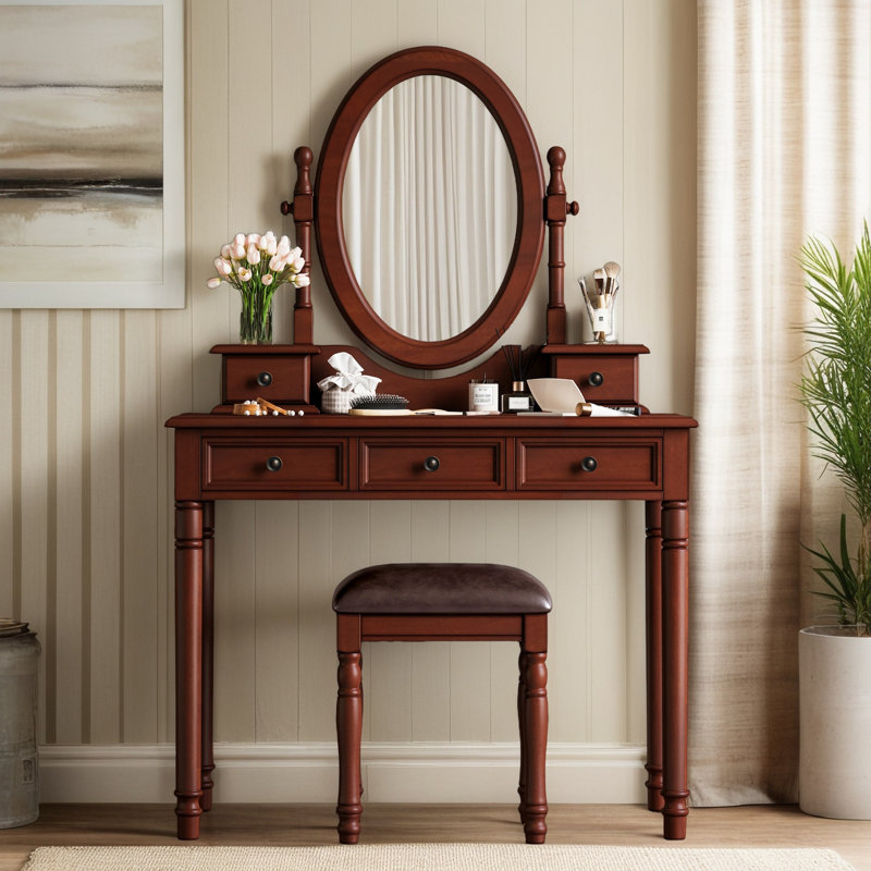 Ensemble de coiffeuse avec miroir réglable, Noyer