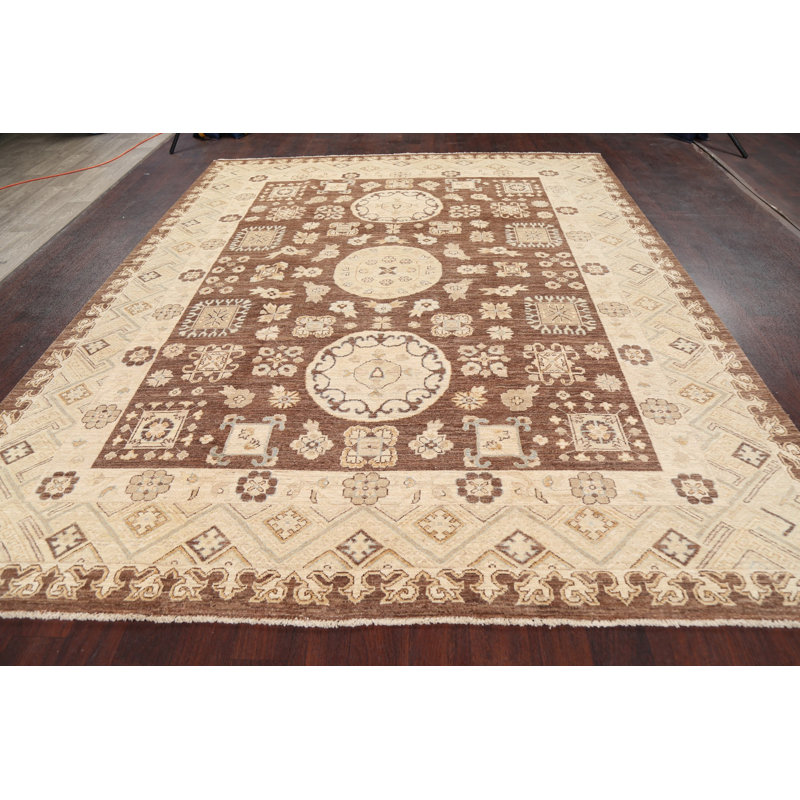 Tapis beige / brun en laine noué à la main de conception unique 8 pi 2 po x 10 pi 1 po