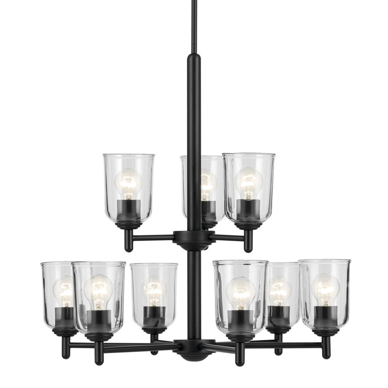 Lustre 9 lumières 26,5 "à 2 niveaux avec verre transparent, Noir satiné