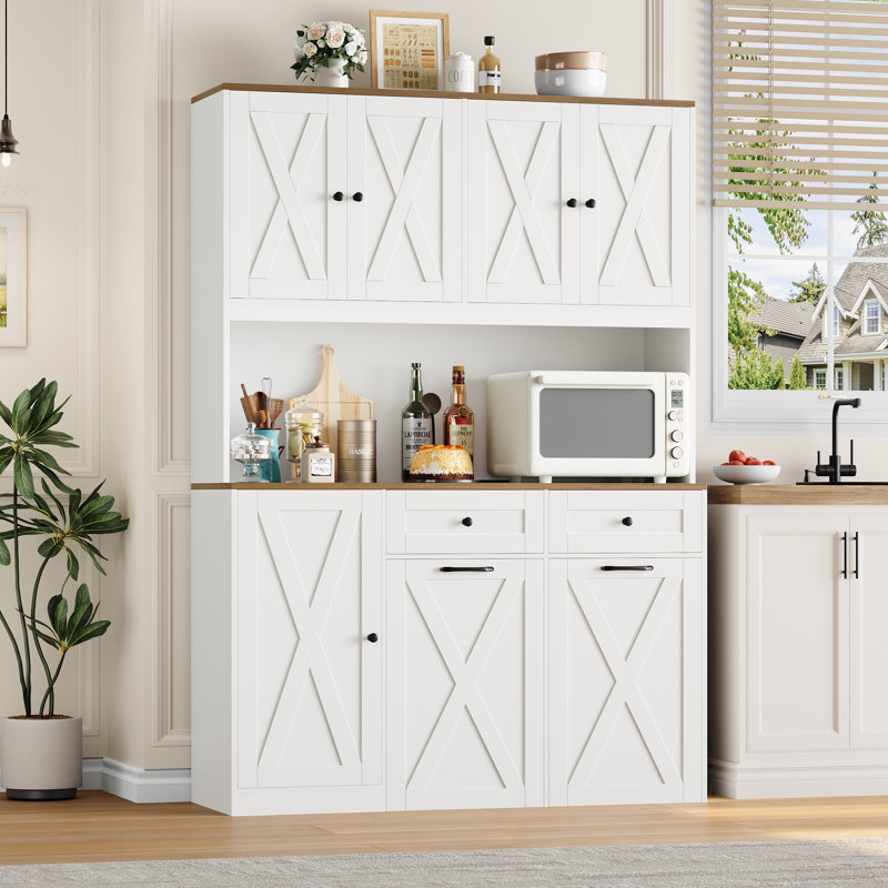 70.9" Kitchen Pantry Cabinet With Microwave Shelf & Push-Pull Trash Can Cabinet, Dog Proof Trash Can Cabinet