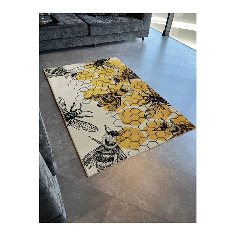 Tapis décoratif moderne jaune à motif de ruche et d'abeille, Tapis de couloir 2 pi 6 po x 6 pi 7 po inclus